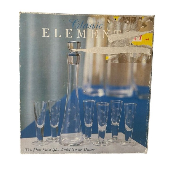 Classic Elements 7 Piece Etched Glass Cordial Liquor Home Bar Set in Box - Picture 1 of 14